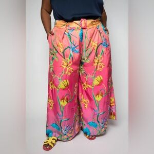 Just Bellina Floral Wide Leg Metallic Pants Pink Large